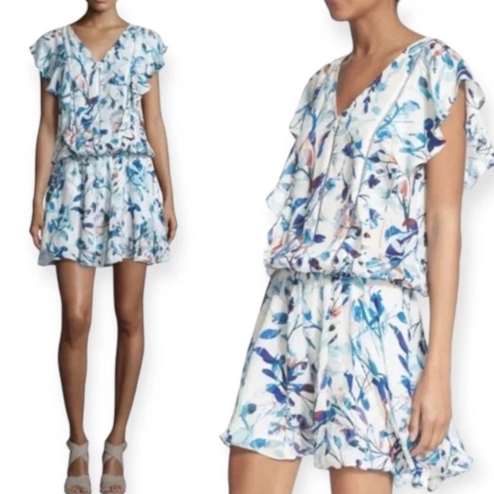 Parker Lana Silk Mini Dress white blue floral Flutter Sleeve Drop Waist S Boho